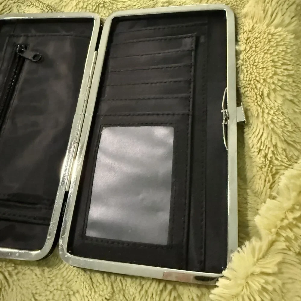 Hard Case Padded Zebra Print Hinged Wallet Aqua/Black Sparkling Brand New 7 “